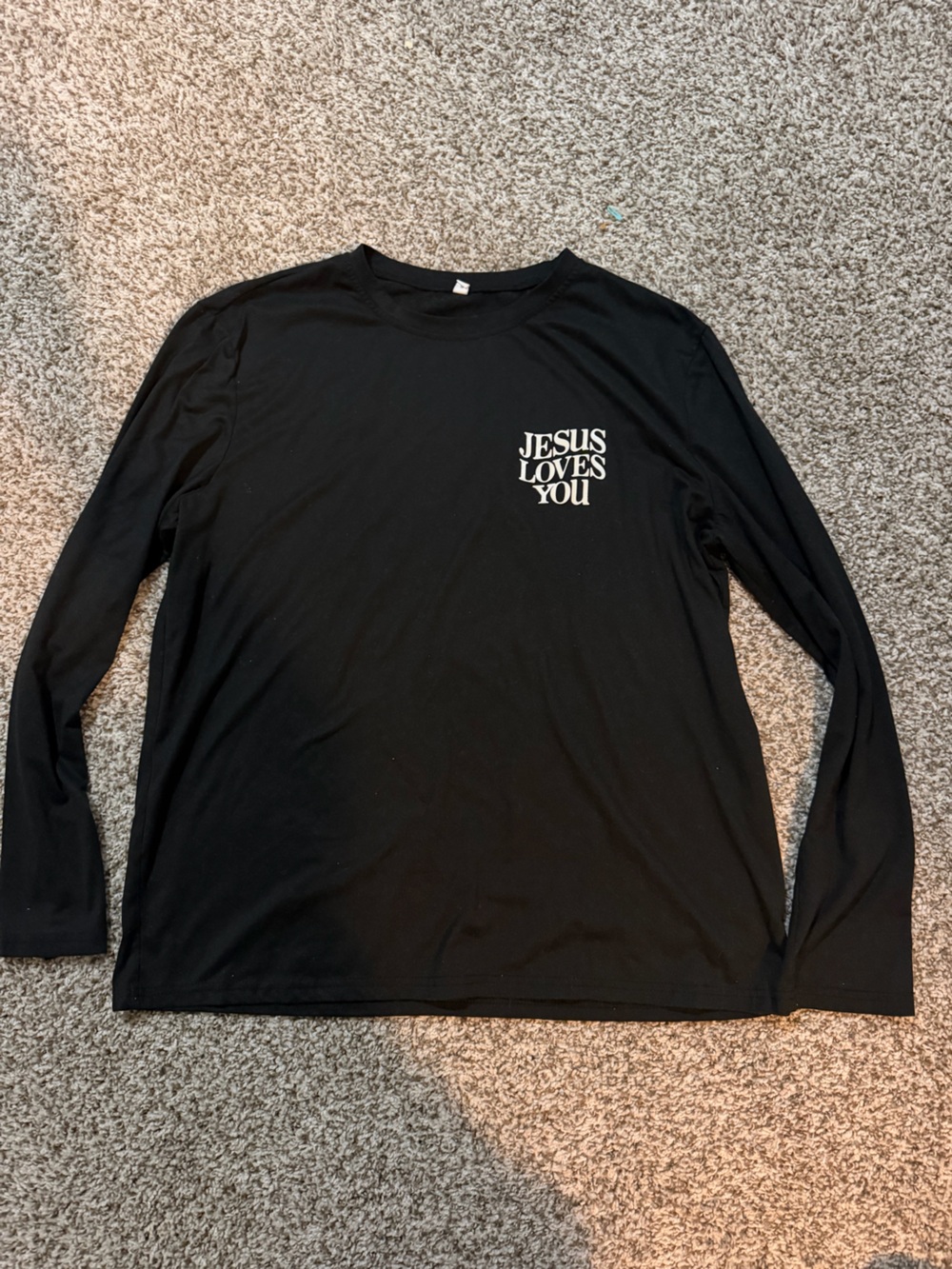 Black Long-Sleeve Graphic Tee with 'Jesus Loves You' Chest Print